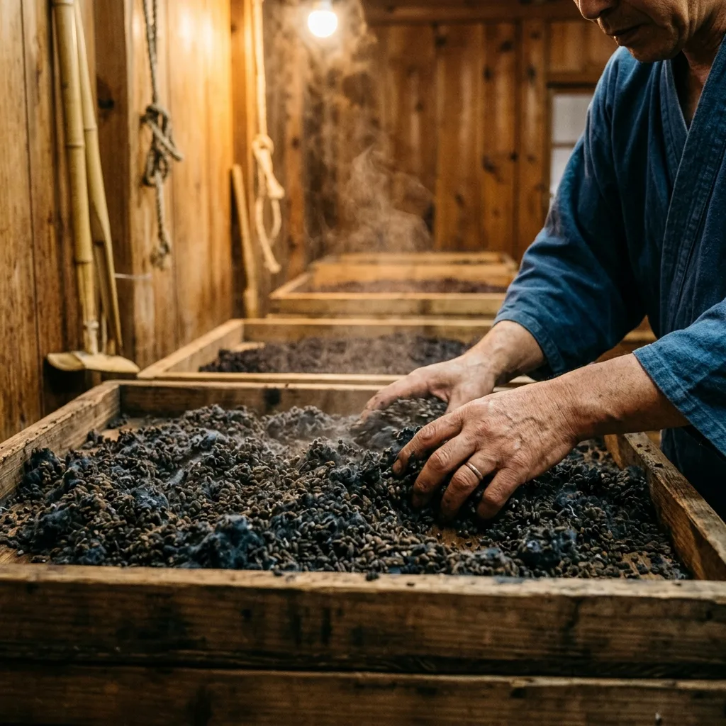 麹室での手作業による黒麹造り