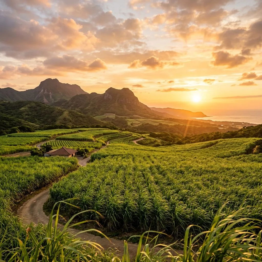 徳之島の美しい夕暮れとサトウキビ畑