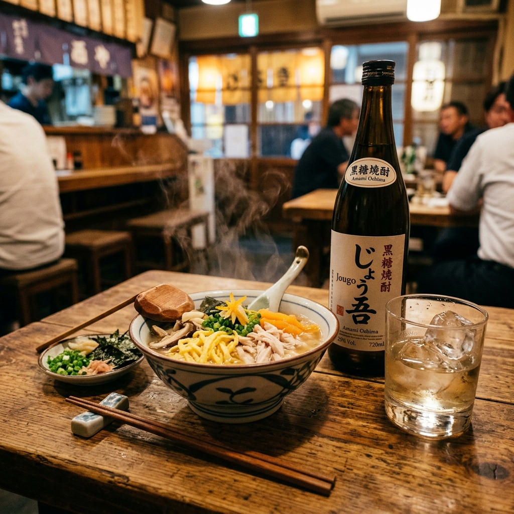 黒糖焼酎じょうごと奄美郷土料理・鶏飯のペアリング晩酌風景