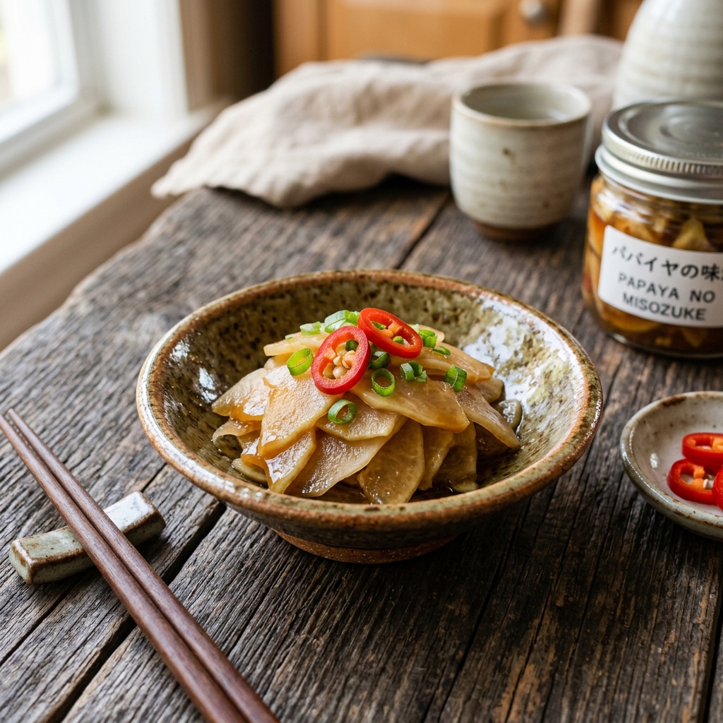 「パパイヤの漬物」歯ごたえと黒糖焼酎の余韻