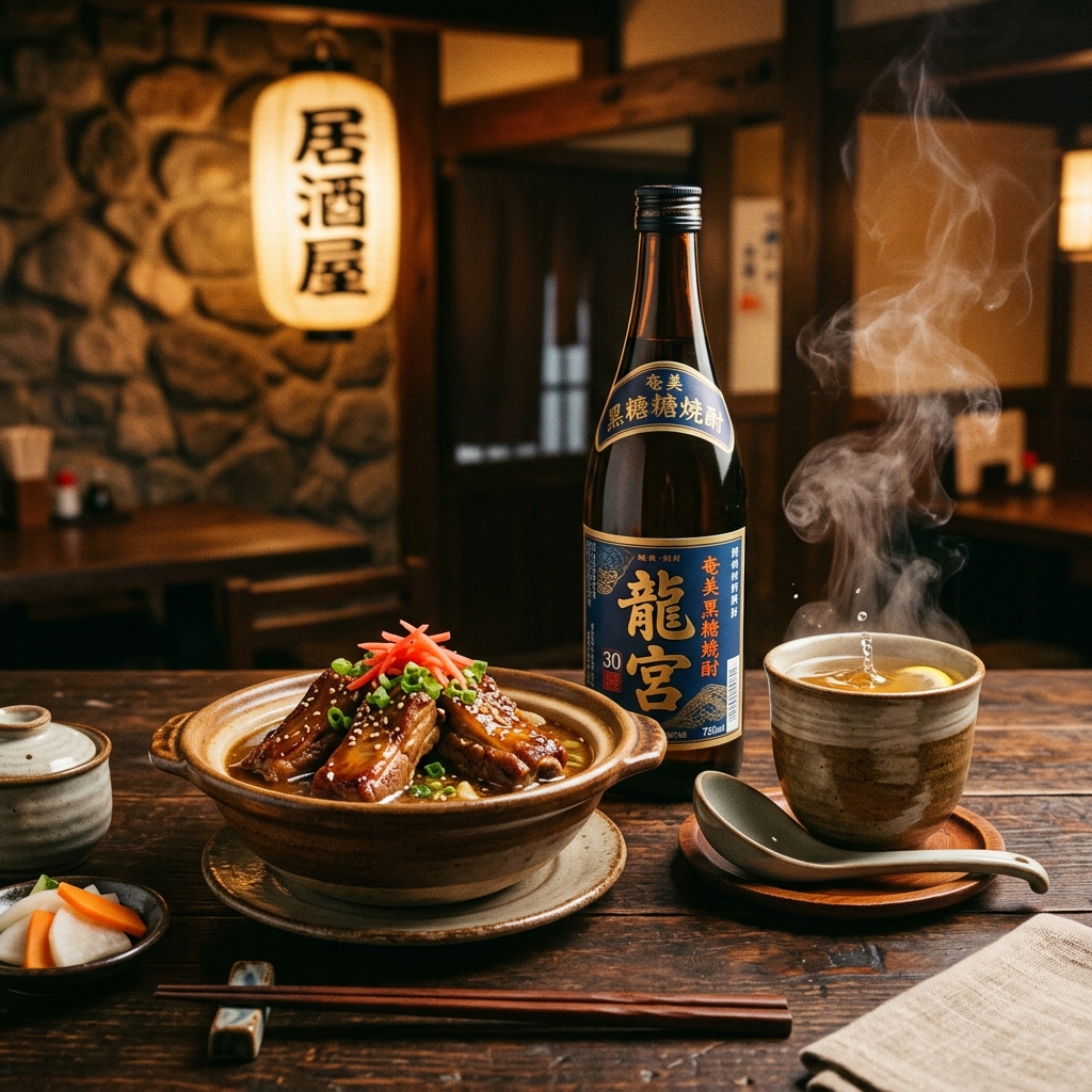 黒糖焼酎龍宮の温かいお湯割りと島味噌仕込みの奄美豚骨のペアリング晩酌風景